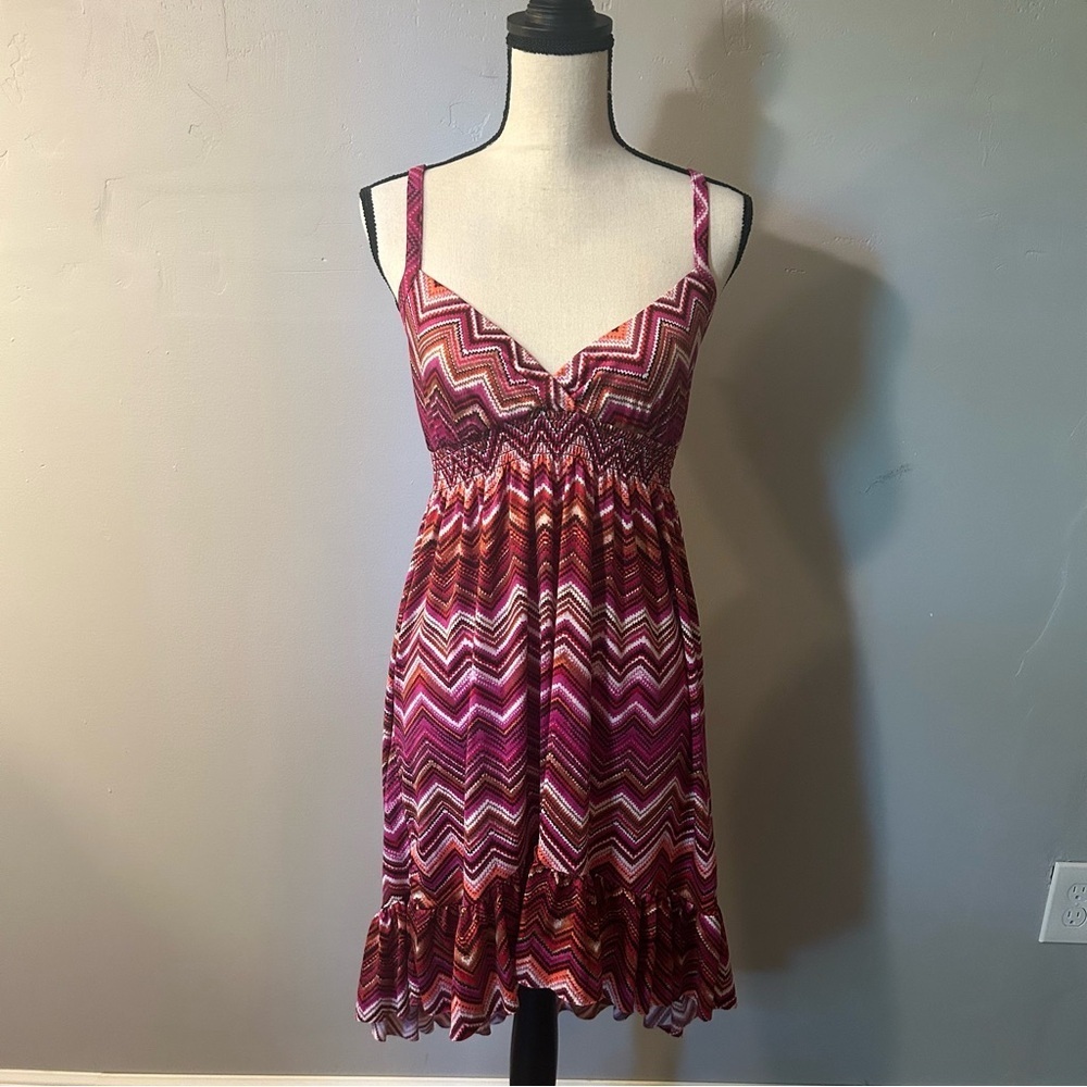 Bongo Y2K Aztec Chevron Print Boho Summer Sundress Size Medium Pink Red Orange